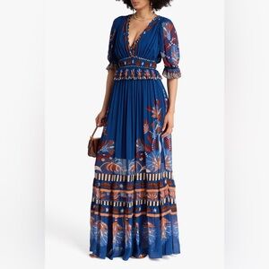FARM RIO Gathered printed georgette maxi dress blue nature